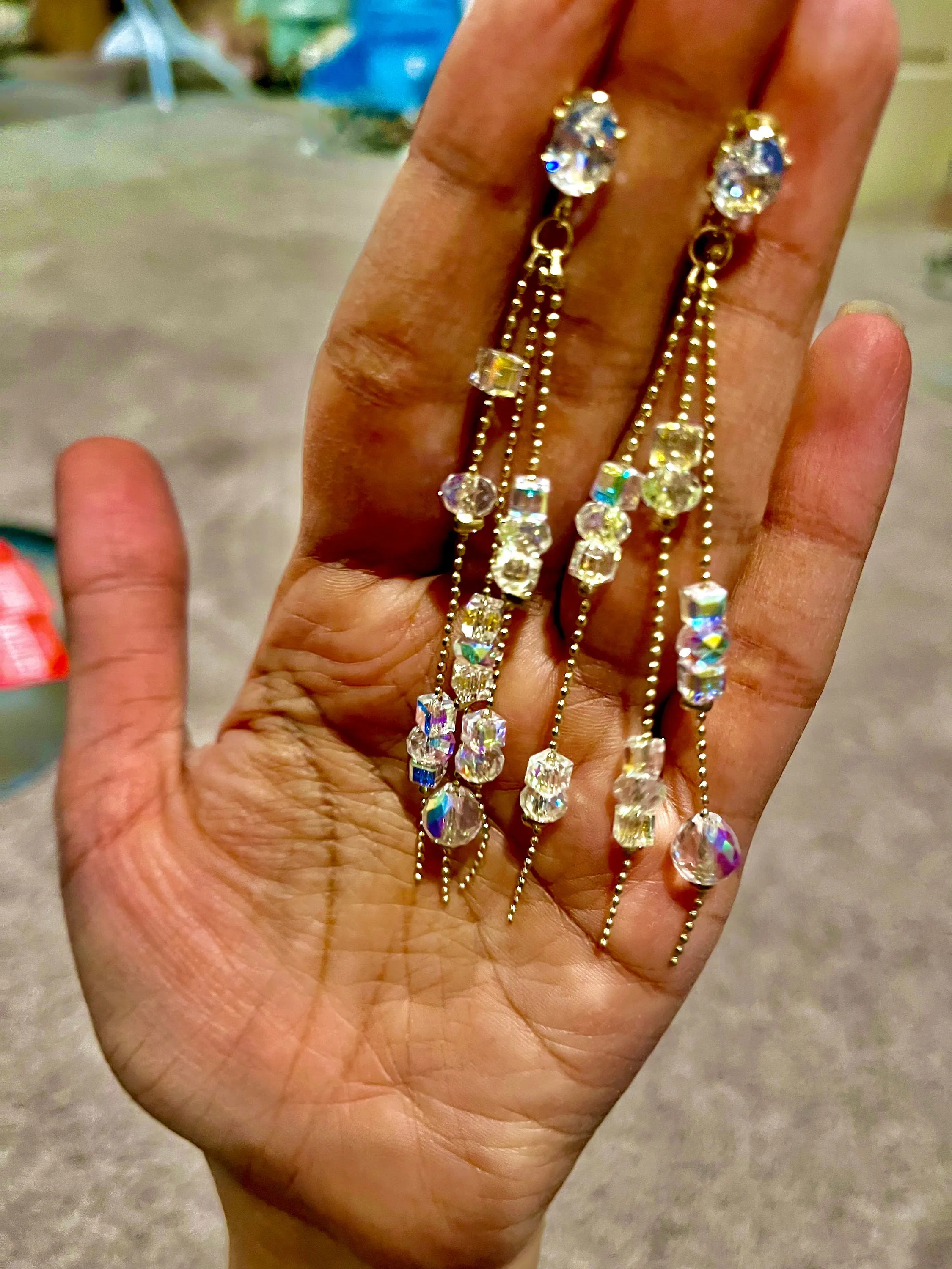 Aurora borealis earrings , long crystal iridescent earrings , big rainbow fringe earrings , clear crystal earrings tassel chain