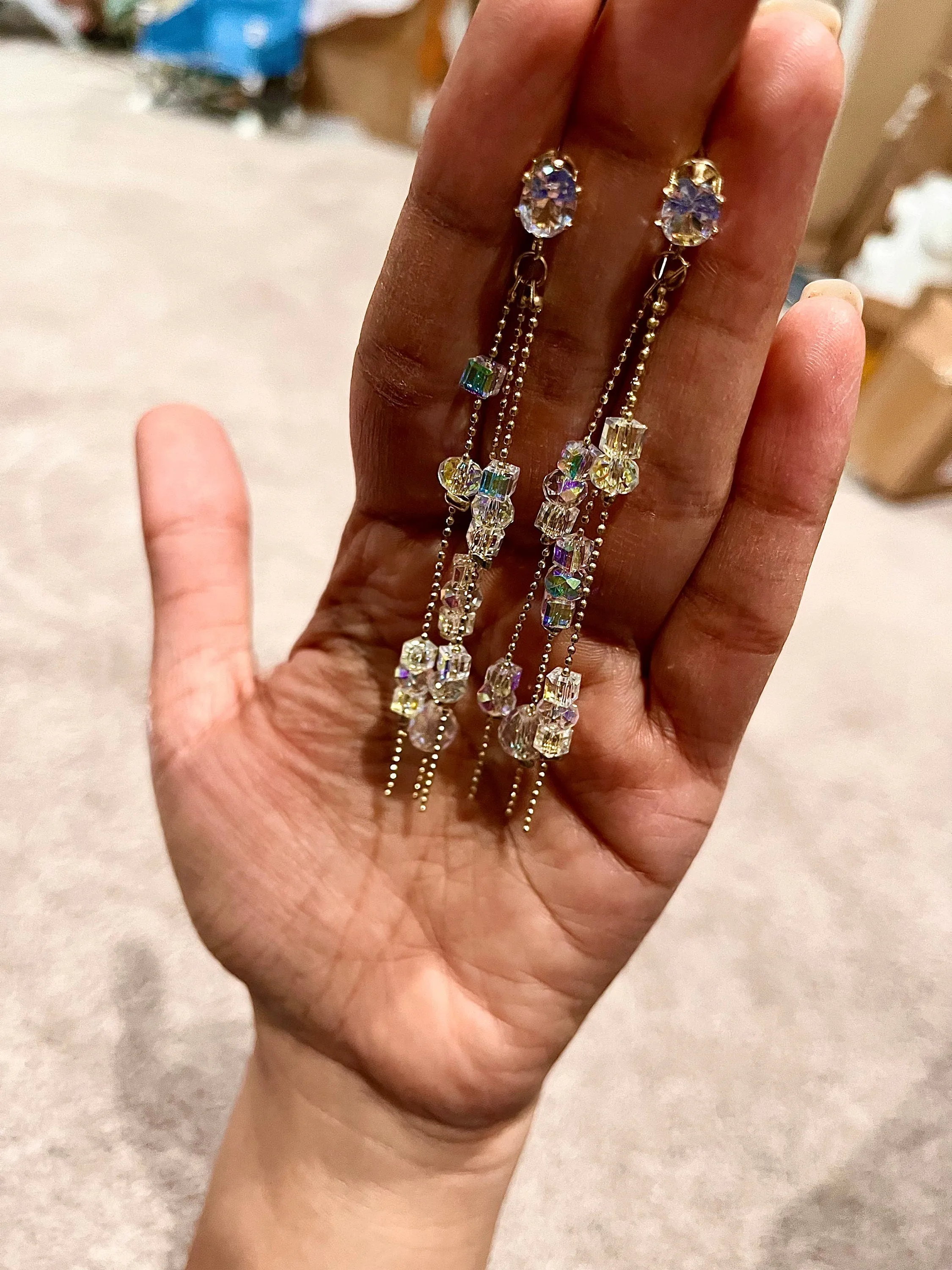 Aurora borealis earrings , long crystal iridescent earrings , big rainbow fringe earrings , clear crystal earrings tassel chain