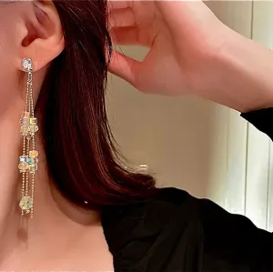 Aurora borealis earrings , long crystal iridescent earrings , big rainbow fringe earrings , clear crystal earrings tassel chain