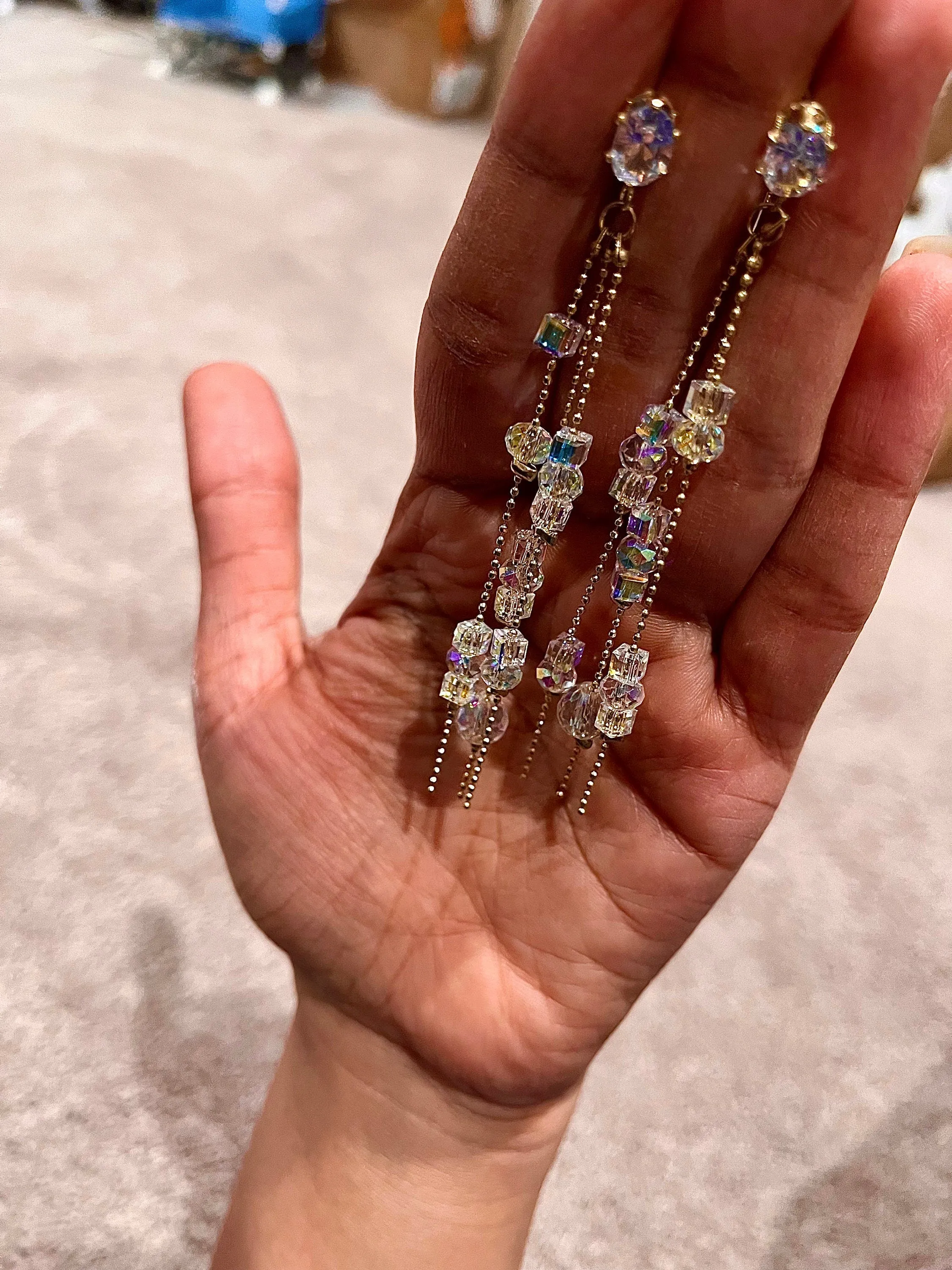 Aurora borealis earrings , long crystal iridescent earrings , big rainbow fringe earrings , clear crystal earrings tassel chain