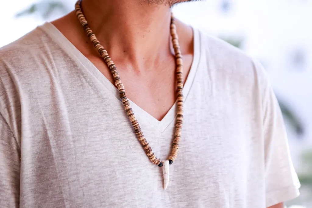 beads necklace wooden disc tooth pendant
