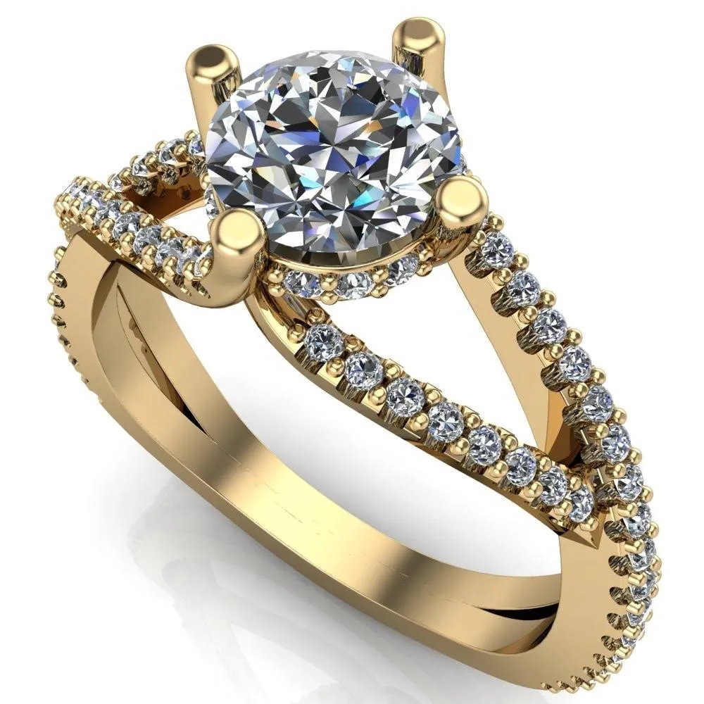 Bedelia Round Center Stone 4 Prong Split Shank Diamond Channel Ring