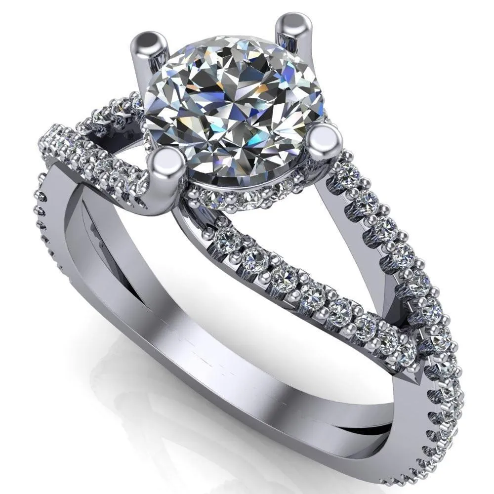 Bedelia Round Center Stone 4 Prong Split Shank Diamond Channel Ring