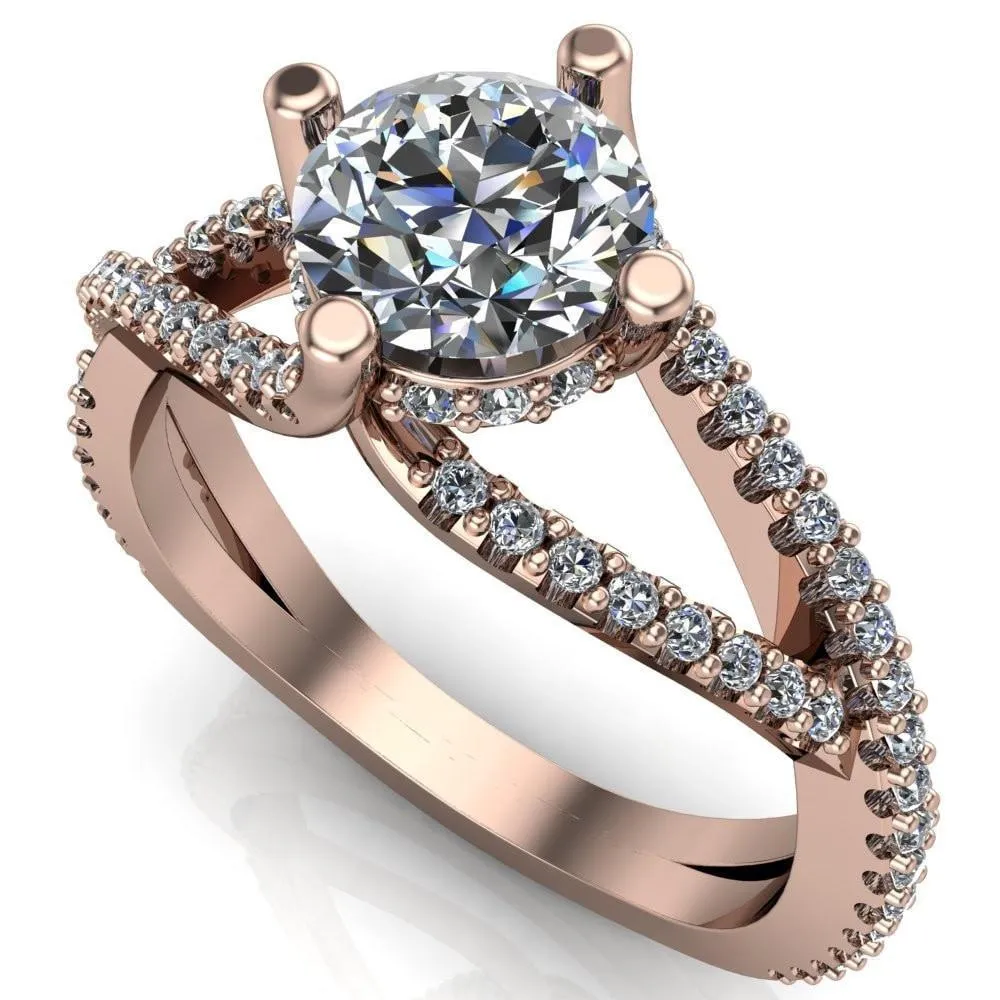 Bedelia Round Center Stone 4 Prong Split Shank Diamond Channel Ring