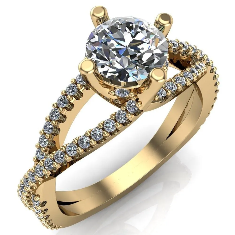 Bedelia Round Center Stone 4 Prong Split Shank Diamond Channel Ring