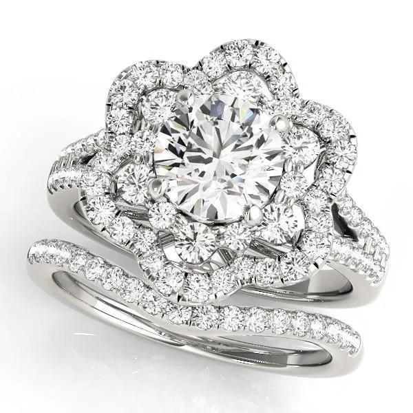 Bernadette Round Center Stone Split Shank Double Floral Halo Engagement Ring