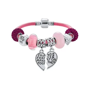 Best Friend Sorority Sister BFF Heart Butterfly Charm Bracelet Pink Leather Silver Clasp