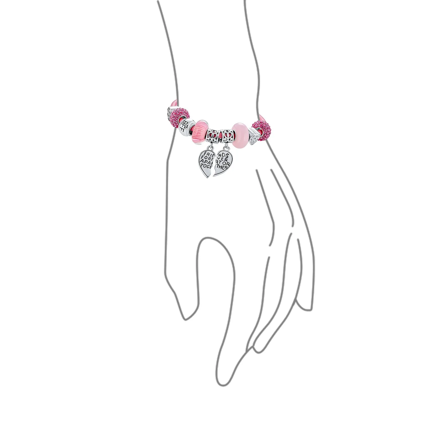 Best Friend Sorority Sister BFF Heart Butterfly Charm Bracelet Pink Leather Silver Clasp