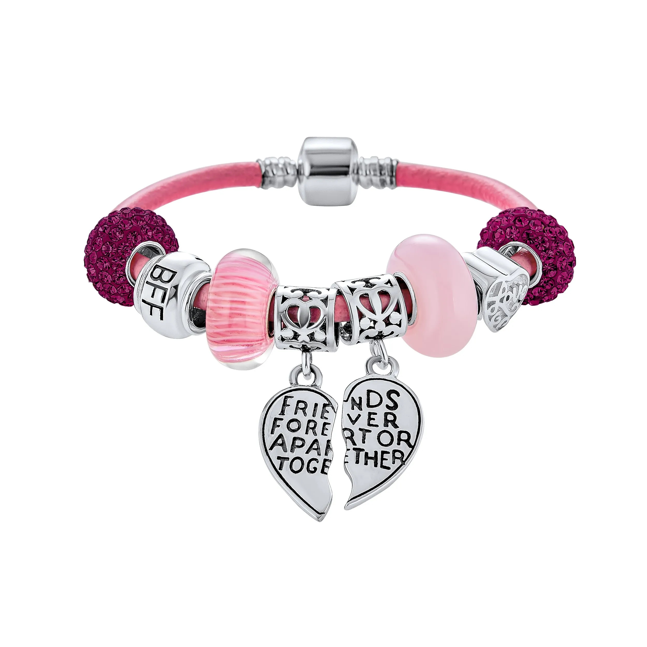 Best Friend Sorority Sister BFF Heart Butterfly Charm Bracelet Pink Leather Silver Clasp