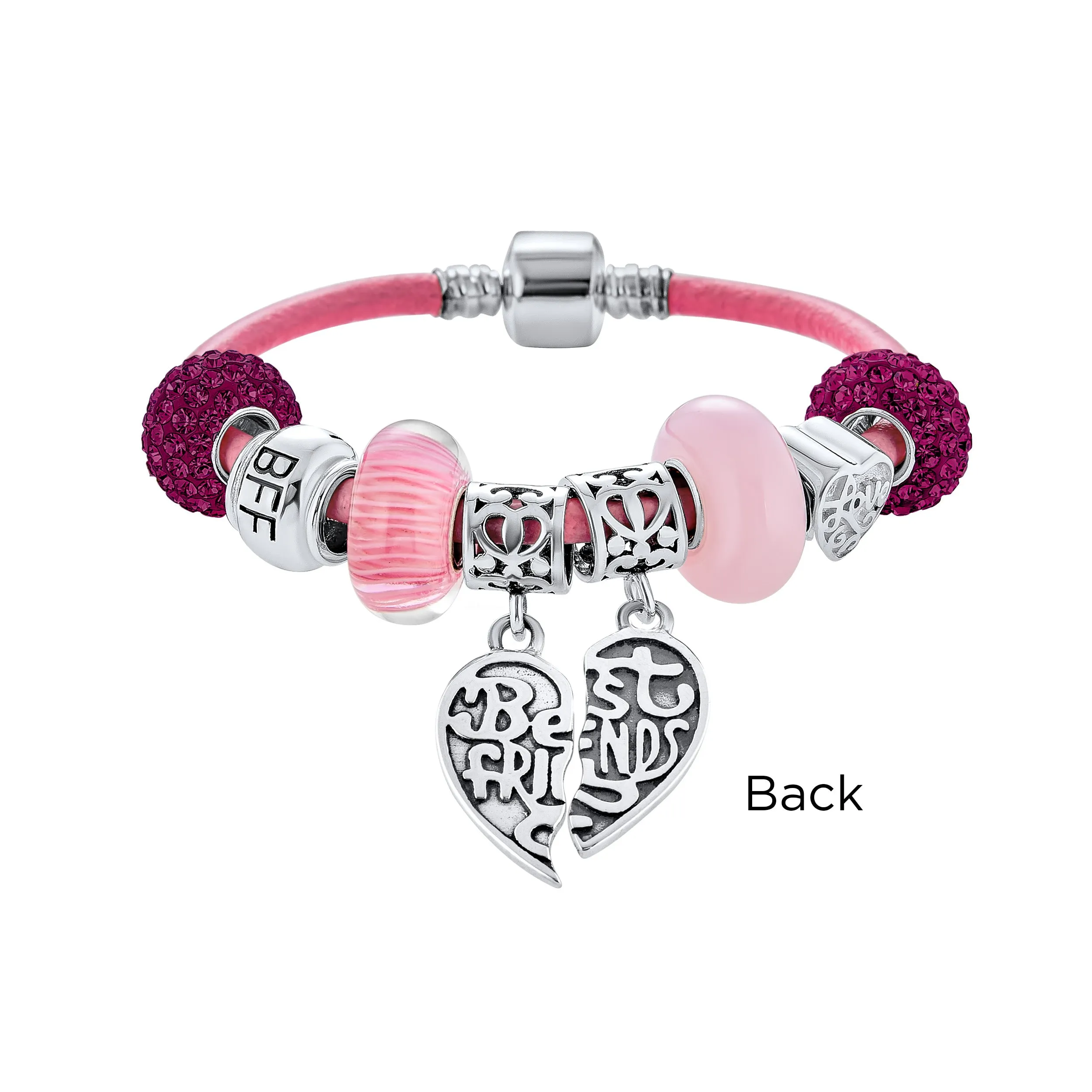 Best Friend Sorority Sister BFF Heart Butterfly Charm Bracelet Pink Leather Silver Clasp
