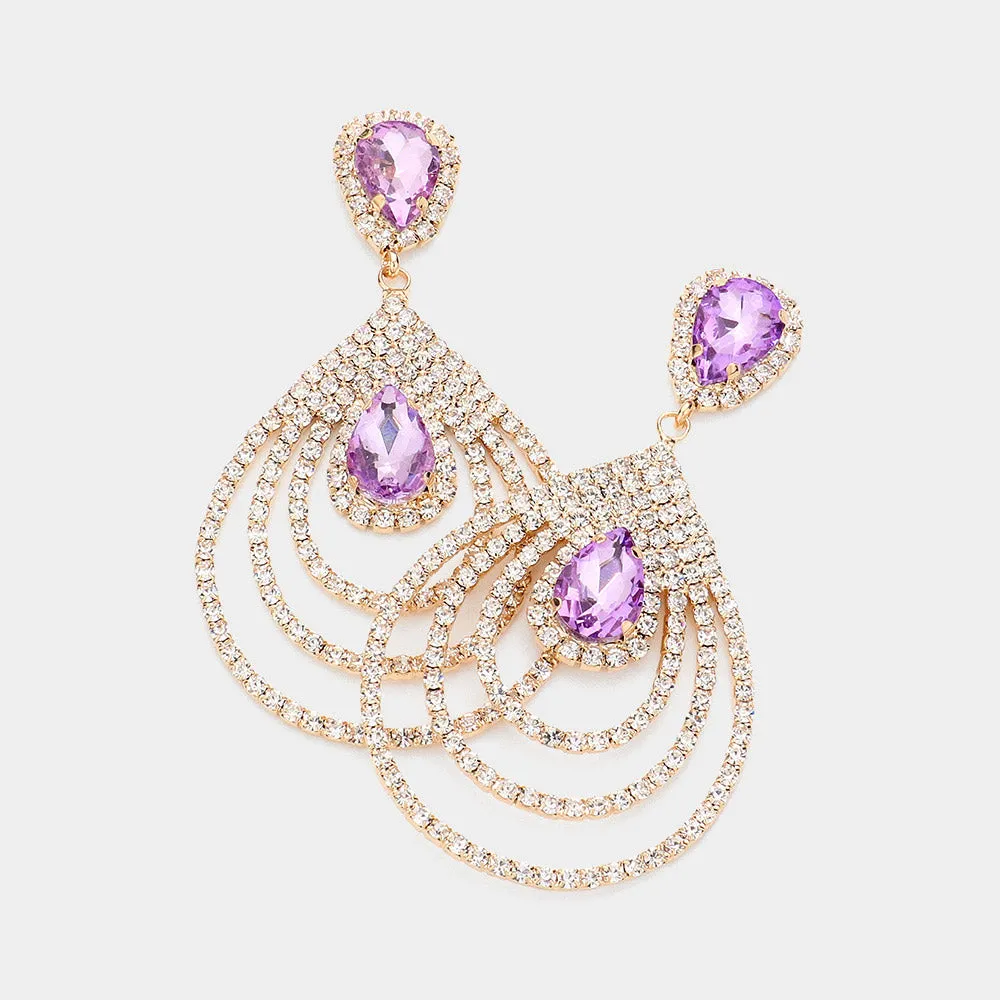 Big Lavender Crystal Teardrop and Rhinestone Dangle Pageant Earrings on Gold | Prom Jewelry | 616405