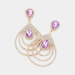 Big Lavender Crystal Teardrop and Rhinestone Dangle Pageant Earrings on Gold | Prom Jewelry | 616405
