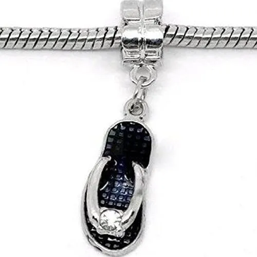 Black Beach Sandal Charm Dangle With  Crystals Bead Charm Spacer For Snake Chain Charm Bracelet