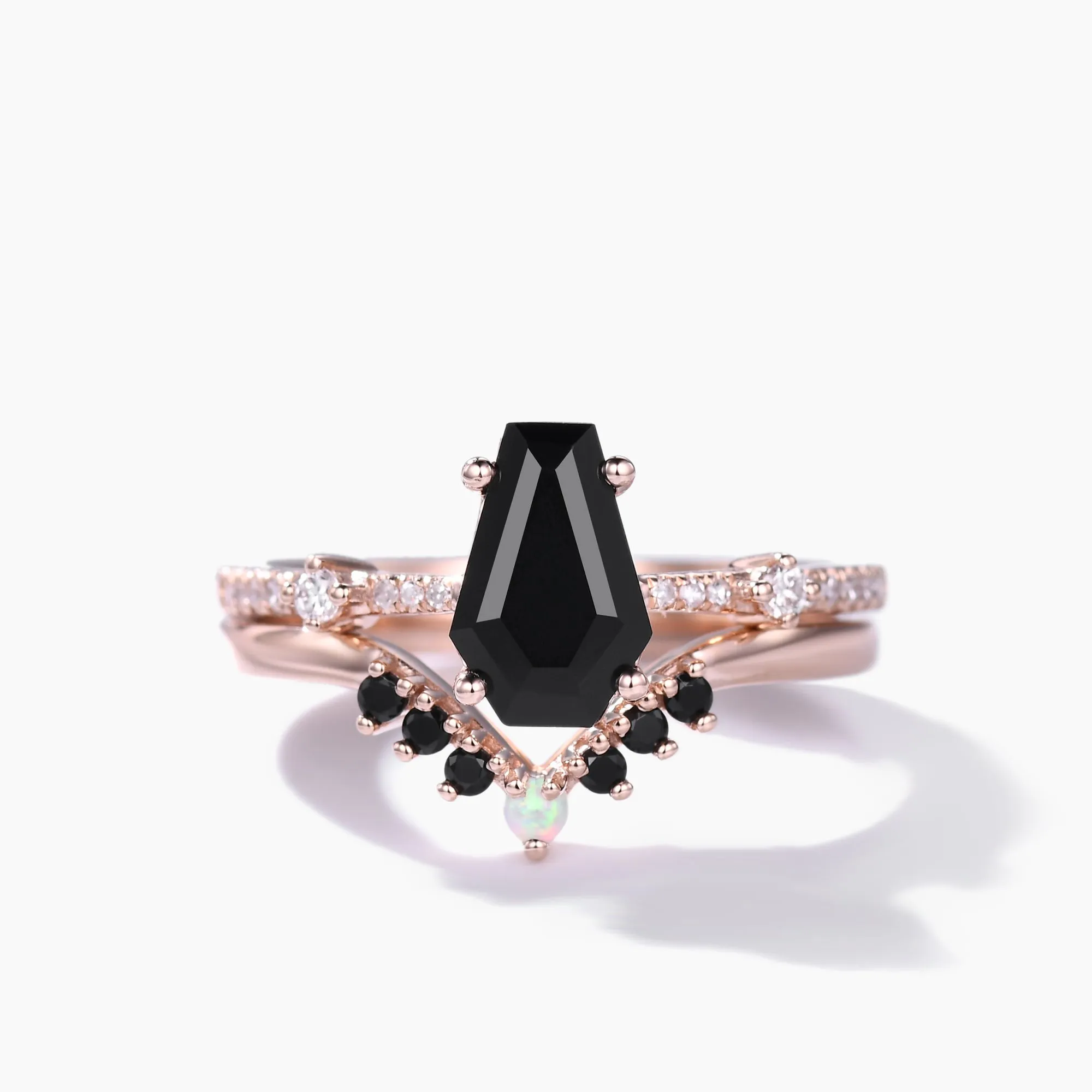 Black Onyx Coffin Gothic Engagement Ring Set Opal Stacking Ring