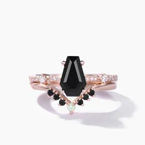 Black Onyx Coffin Gothic Engagement Ring Set Opal Stacking Ring