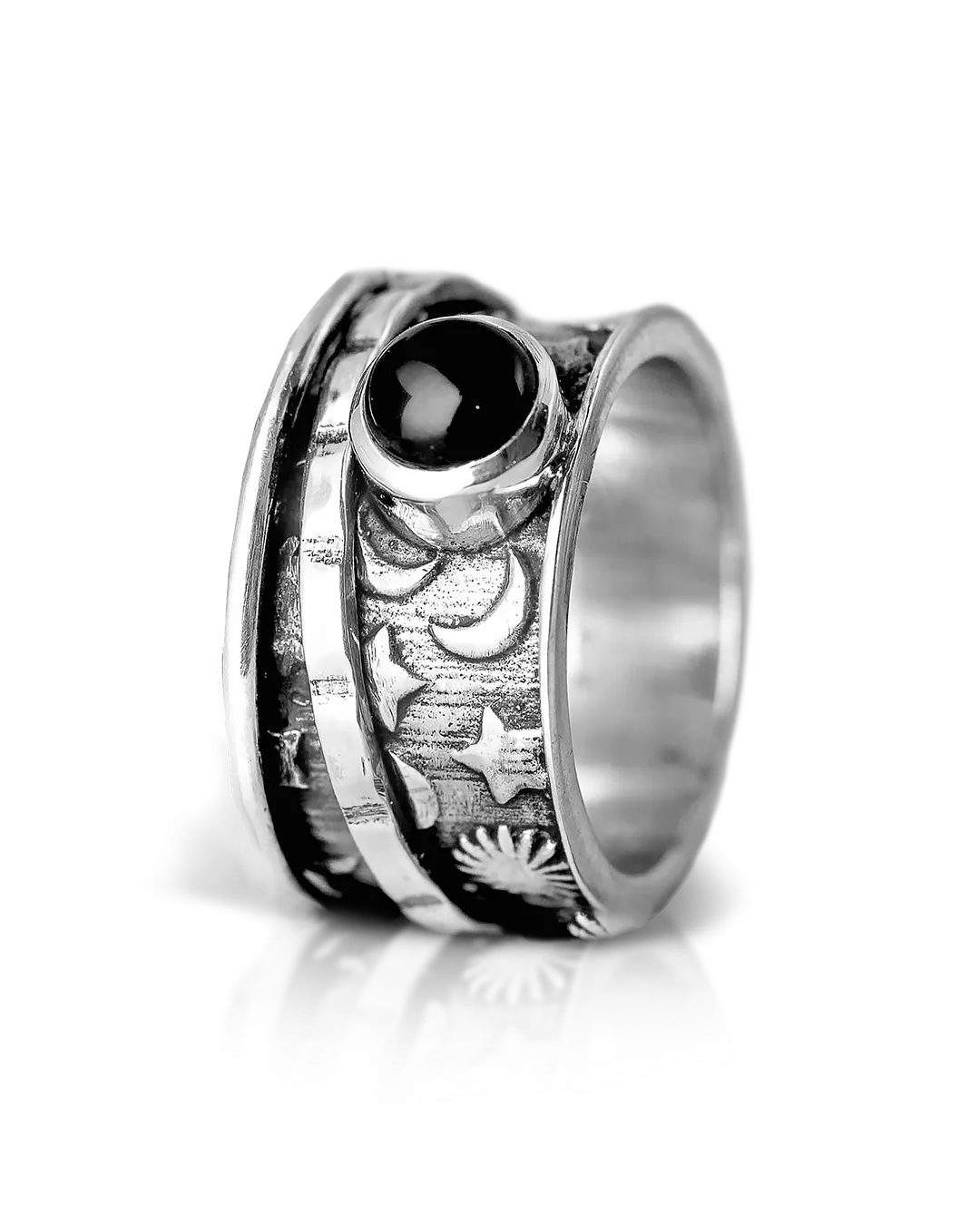 Black Onyx Stars and Moon Fidget Ring Sterling Silver