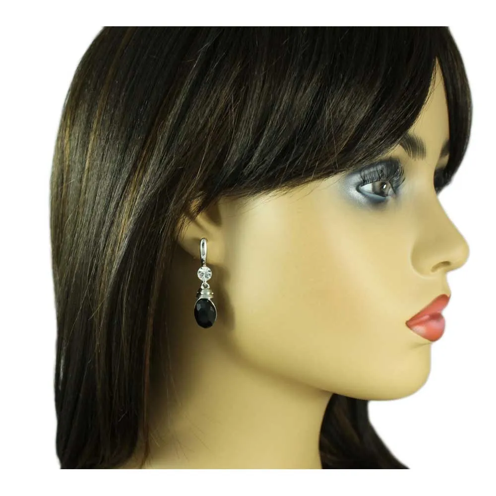 Black Oval Drop with Clear Crystal Pierced Earring - REC020