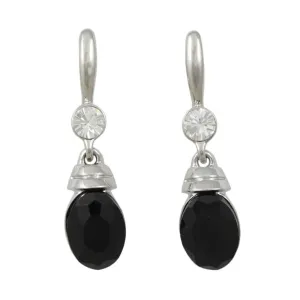 Black Oval Drop with Clear Crystal Pierced Earring - REC020
