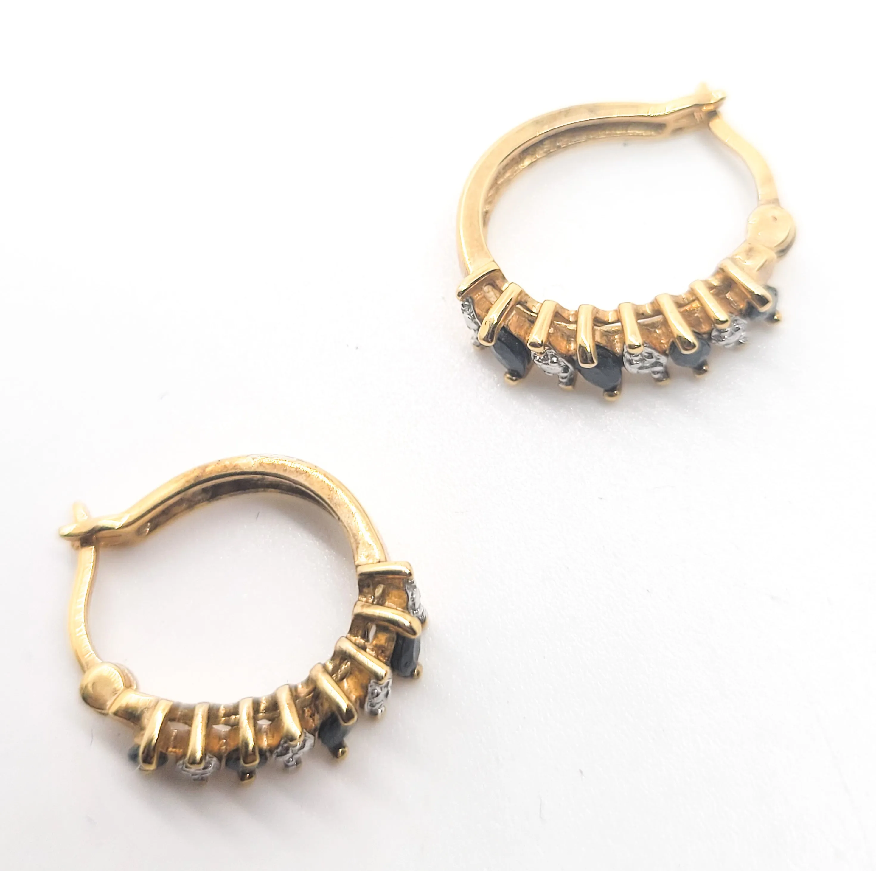 Black spinel gold over sterling silver vintage leverback hoop earrings