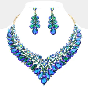 Blue AB Teardrop Marquise and Round Stone Evening Necklace Set | Crystal Statement Necklace Set |  645267