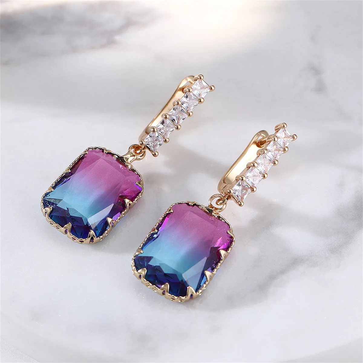 Blue & Purple Crystal Ombré Radiant-Cut Huggie Earrings