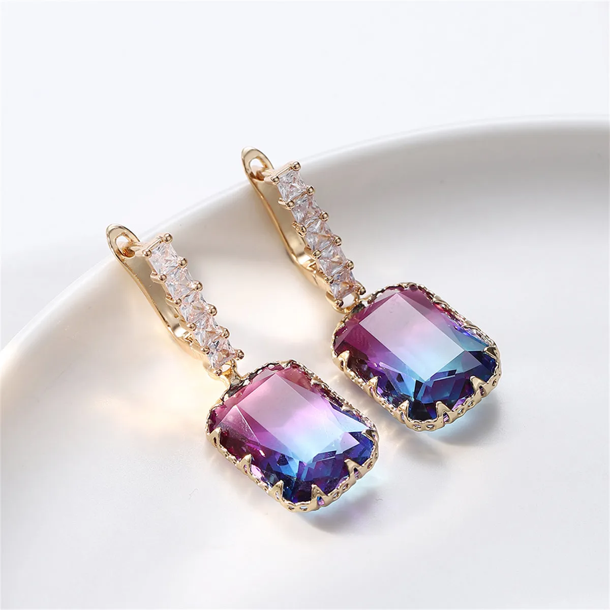 Blue & Purple Crystal Ombré Radiant-Cut Huggie Earrings