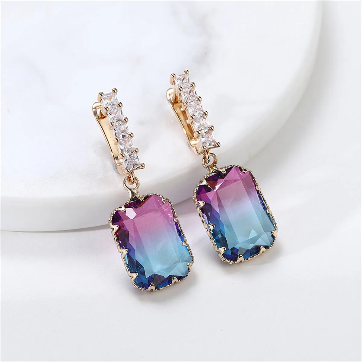 Blue & Purple Crystal Ombré Radiant-Cut Huggie Earrings