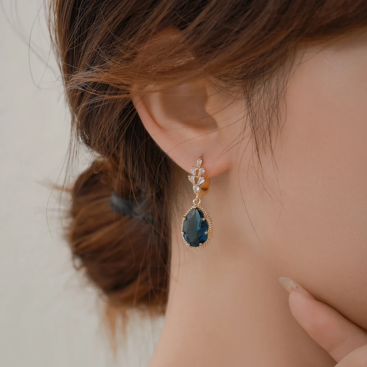 Blue Crystal & Cubic Zirconia Drop Huggie Earring