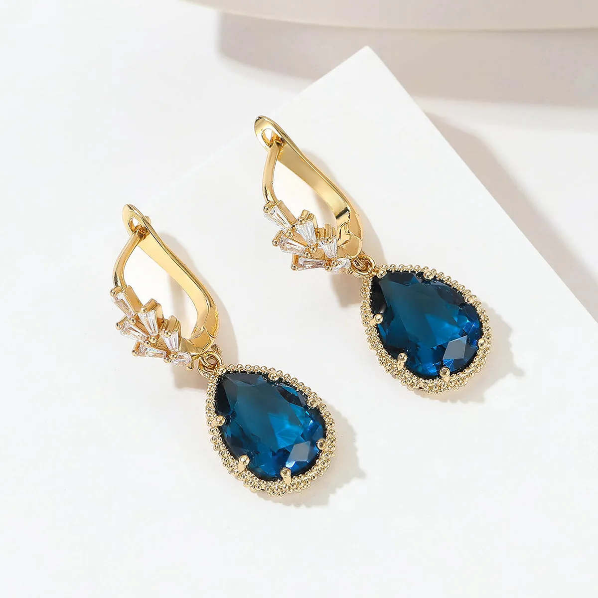 Blue Crystal & Cubic Zirconia Drop Huggie Earring