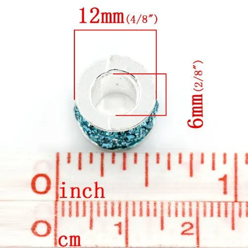 Blue Cylinder Charm w/  Rhinestones European Bead Compatible for Most European Snake Chain Bracelet