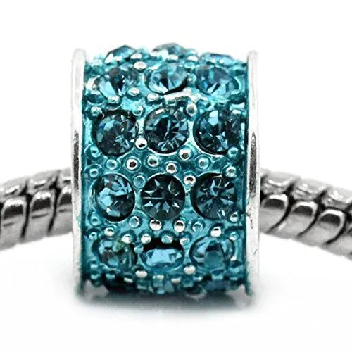 Blue Cylinder Charm w/  Rhinestones European Bead Compatible for Most European Snake Chain Bracelet