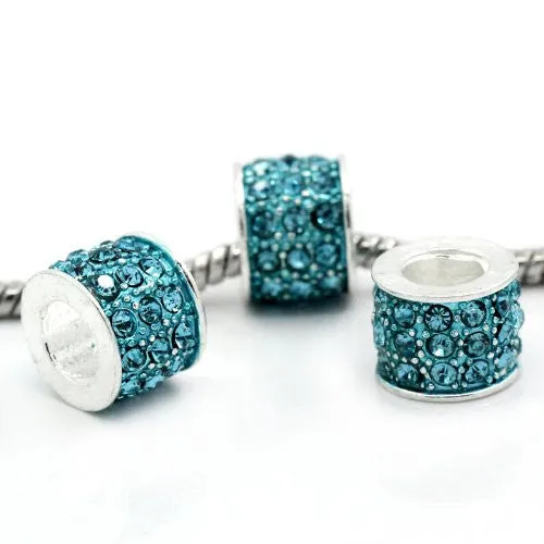 Blue Cylinder Charm w/  Rhinestones European Bead Compatible for Most European Snake Chain Bracelet