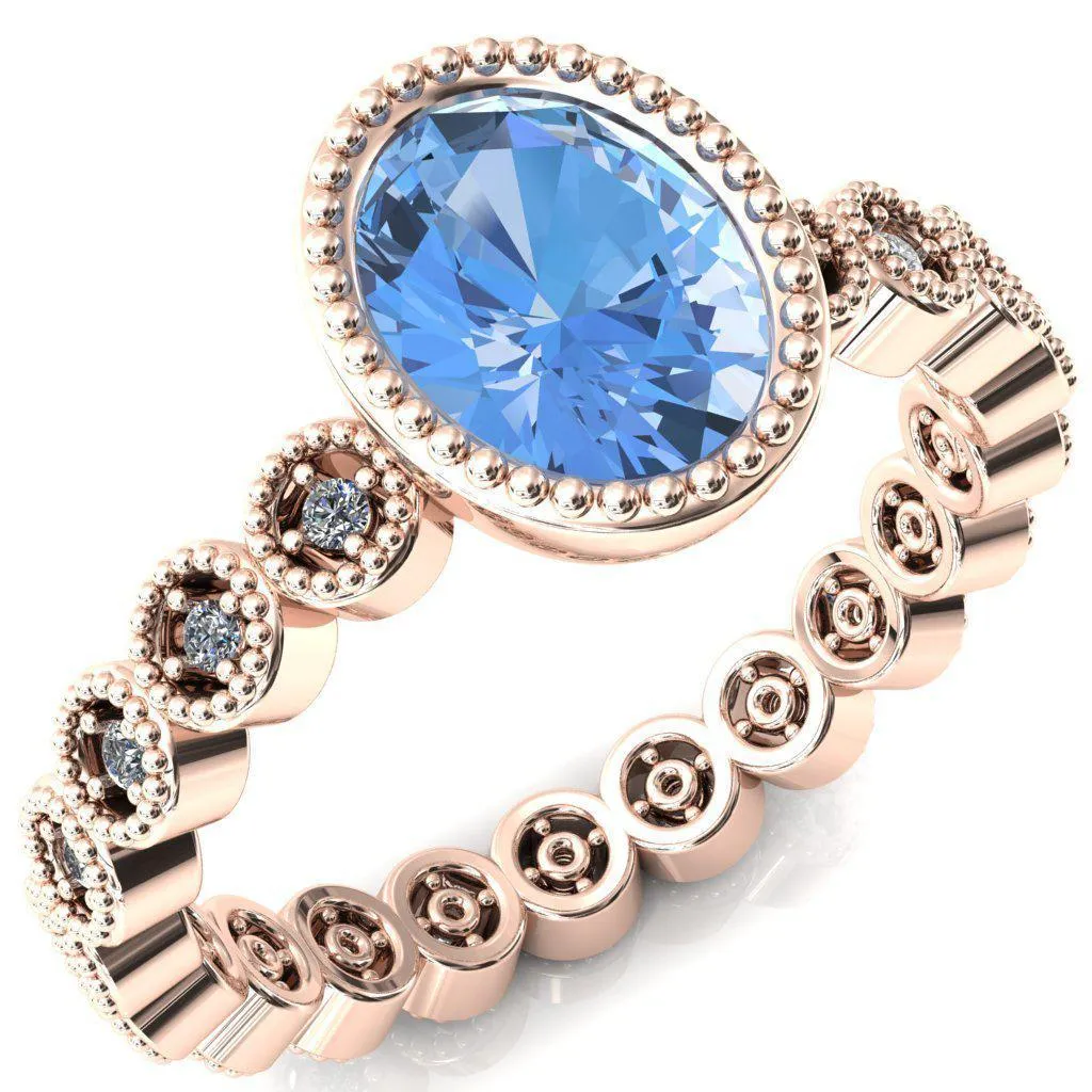 Borea Oval Aqua Blue Spinel Milgrain Bezel Full Eternity Diamond Accent Ring