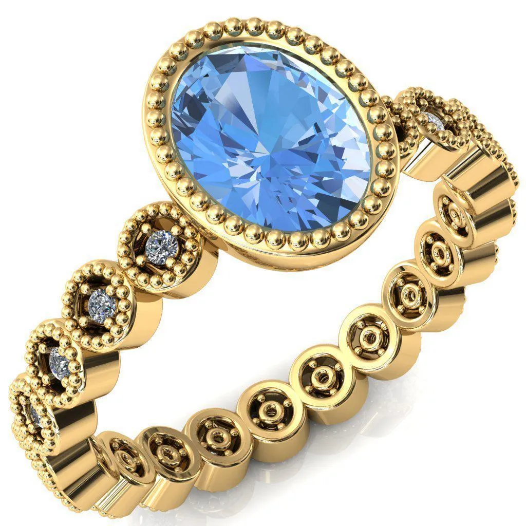 Borea Oval Aqua Blue Spinel Milgrain Bezel Full Eternity Diamond Accent Ring
