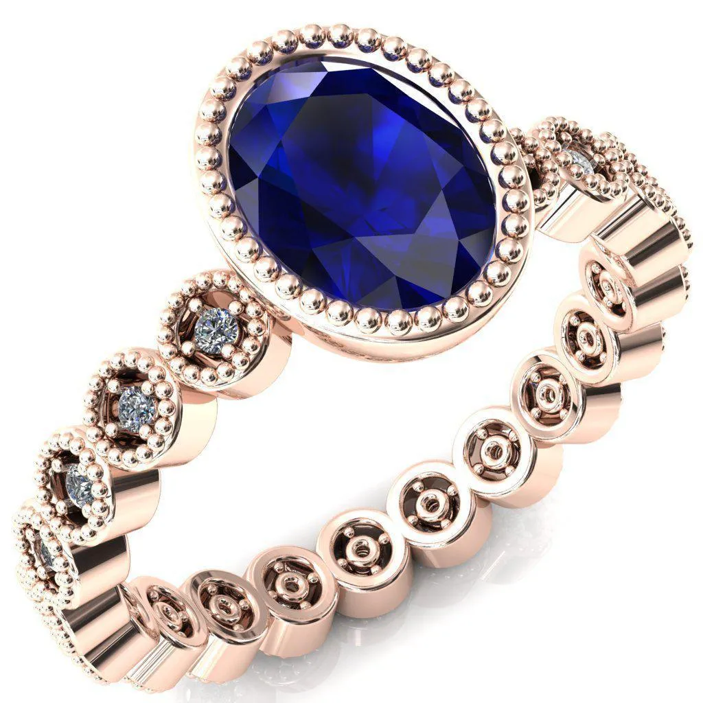 Borea Oval Blue Sapphire Milgrain Bezel Full Eternity Diamond Accent Ring