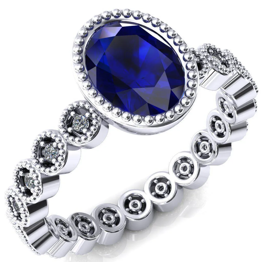 Borea Oval Blue Sapphire Milgrain Bezel Full Eternity Diamond Accent Ring