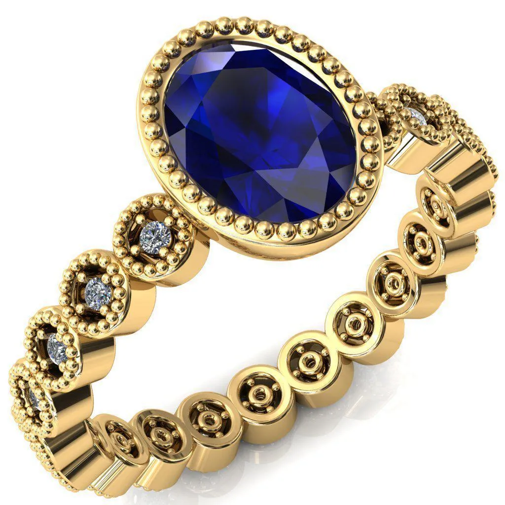 Borea Oval Blue Sapphire Milgrain Bezel Full Eternity Diamond Accent Ring
