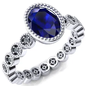 Borea Oval Blue Sapphire Milgrain Bezel Full Eternity Diamond Accent Ring
