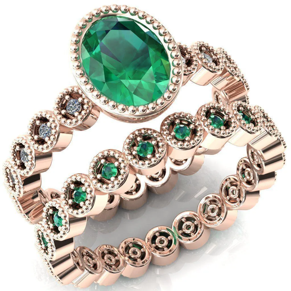 Borea Oval Emerald Full Bezel Milgrain Diamond Accent Full Eternity Ring