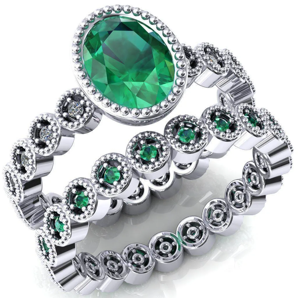Borea Oval Emerald Full Bezel Milgrain Diamond Accent Full Eternity Ring