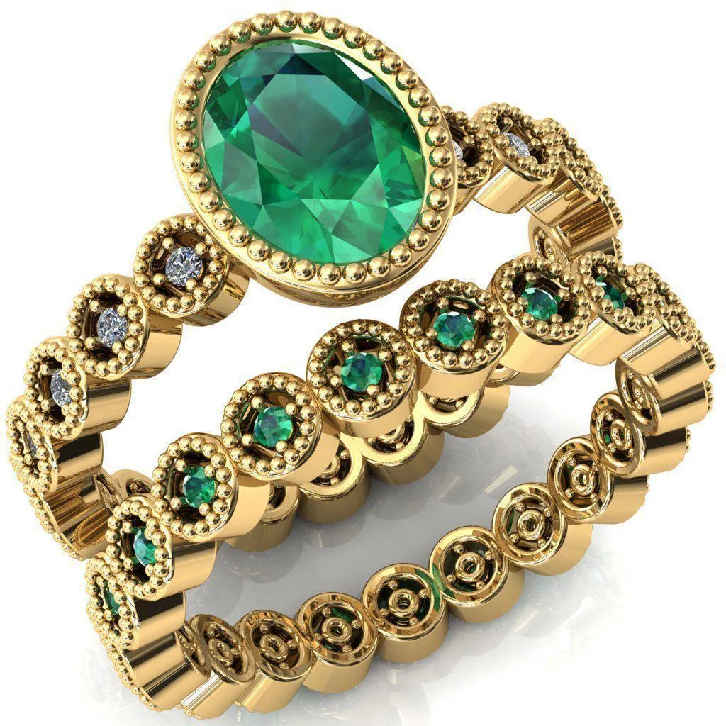 Borea Oval Emerald Full Bezel Milgrain Diamond Accent Full Eternity Ring