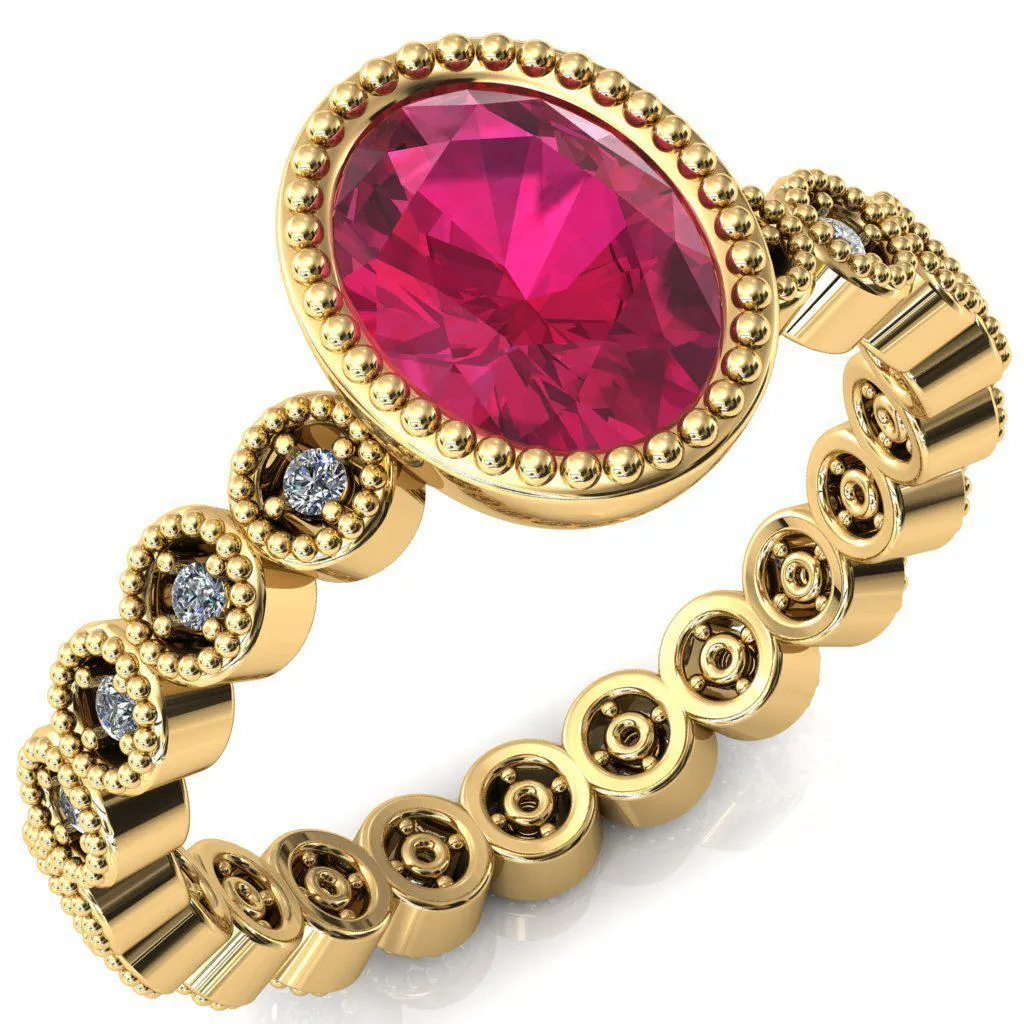 Borea Oval Ruby Milgrain Bezel Full Eternity Diamond Accent Ring