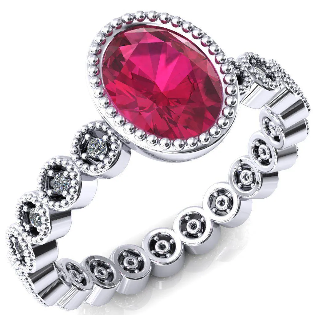 Borea Oval Ruby Milgrain Bezel Full Eternity Diamond Accent Ring