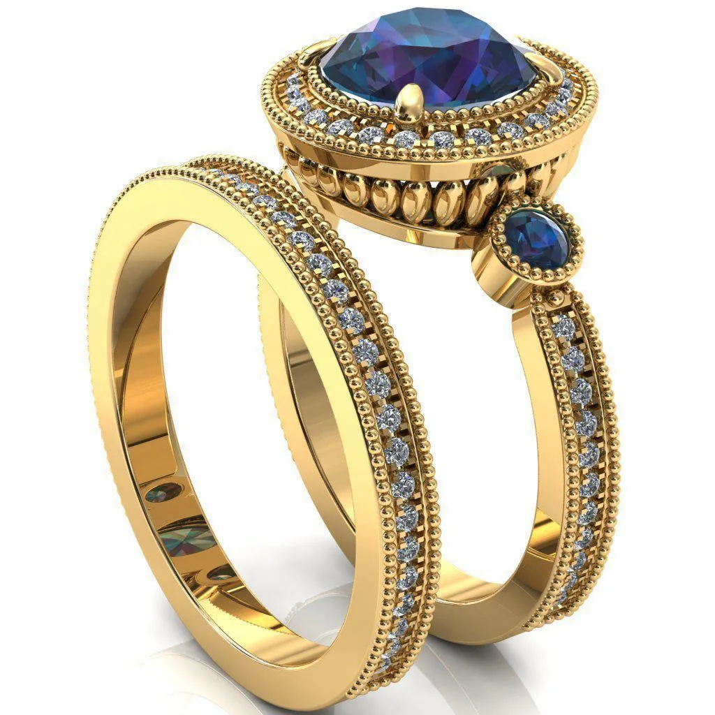 Brachium Round Alexandrite Bezel Milgrain Halo 3/4 Eternity Accent Diamond Ring