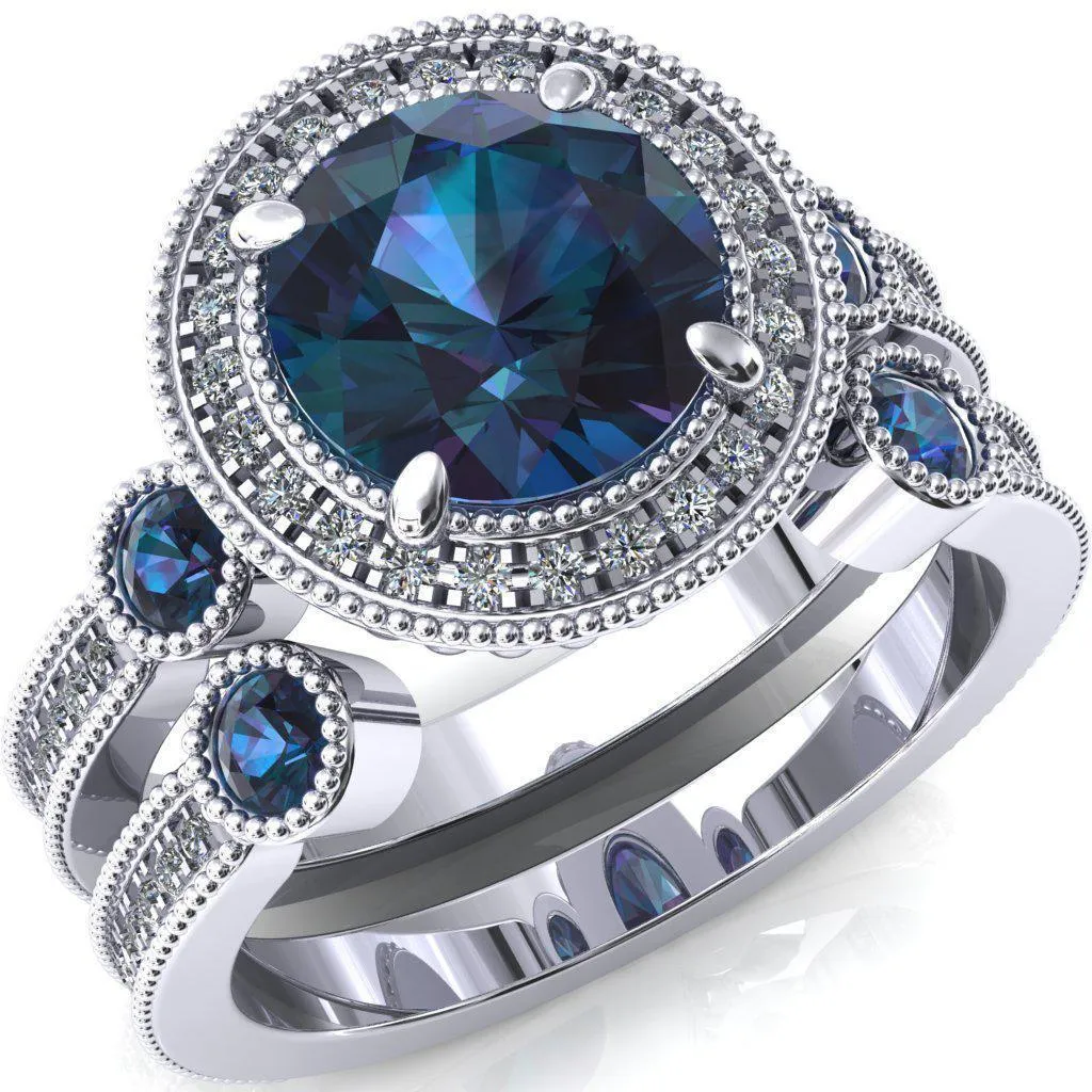 Brachium Round Alexandrite Bezel Milgrain Halo 3/4 Eternity Accent Diamond Ring