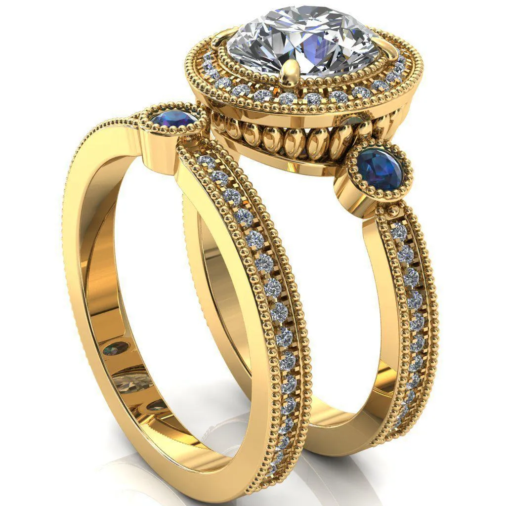 Brachium Round Alexandrite Bezel Milgrain Halo 3/4 Eternity Accent Diamond Ring