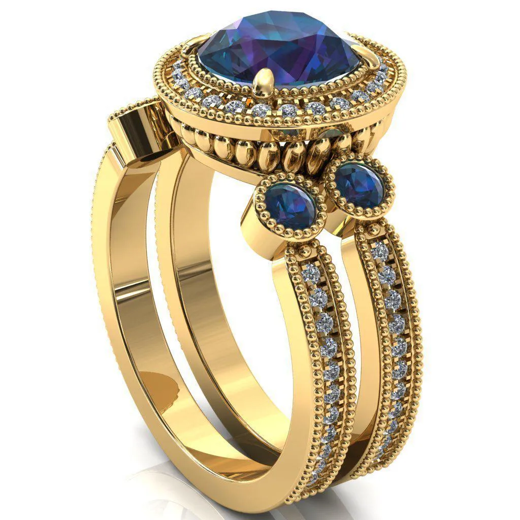 Brachium Round Alexandrite Bezel Milgrain Halo 3/4 Eternity Accent Diamond Ring