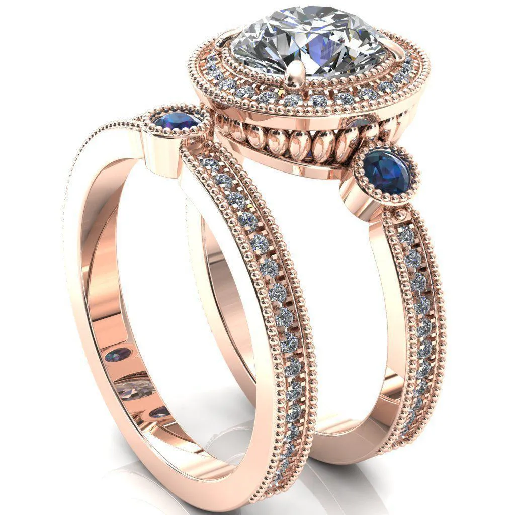 Brachium Round Alexandrite Bezel Milgrain Halo 3/4 Eternity Accent Diamond Ring