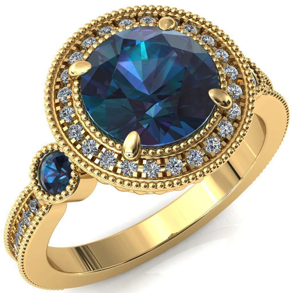 Brachium Round Alexandrite Bezel Milgrain Halo 3/4 Eternity Accent Diamond Ring