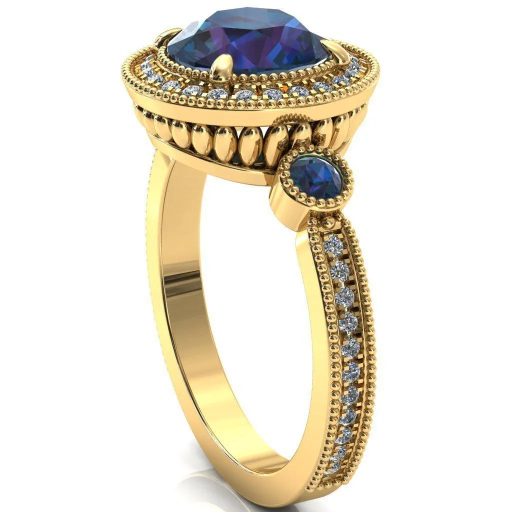Brachium Round Alexandrite Bezel Milgrain Halo 3/4 Eternity Accent Diamond Ring